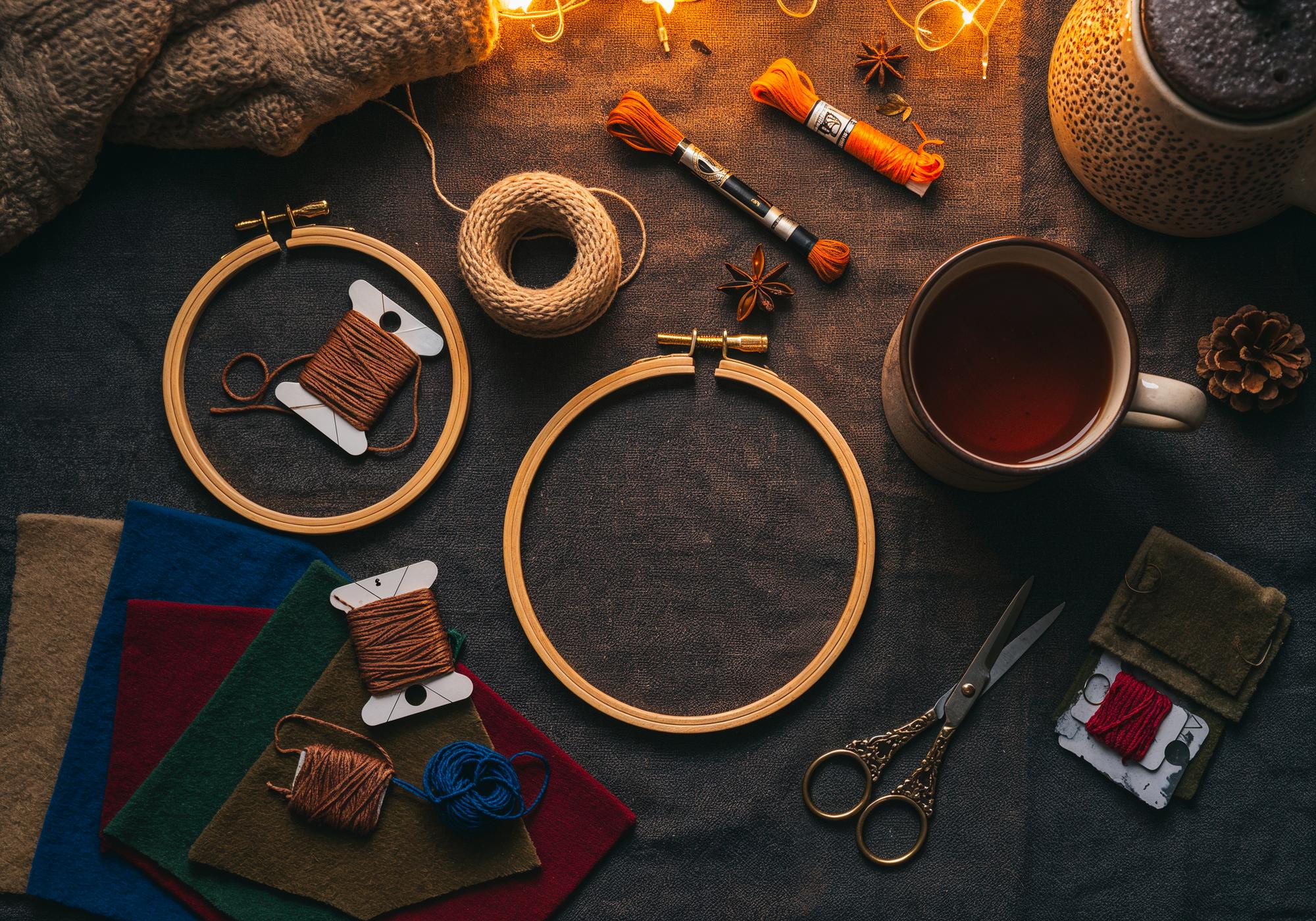 Atelierarbeitsplatz mit Stickrahmen und Garn